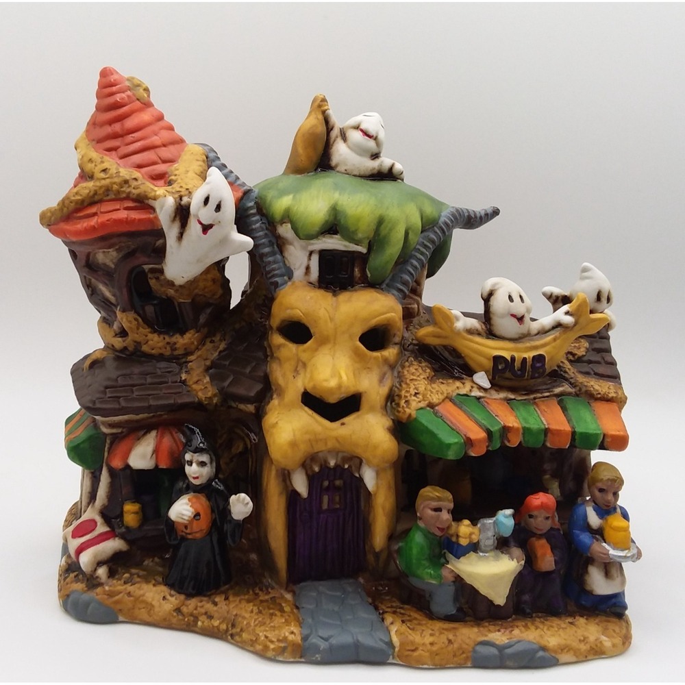Vintage 2003 Spooky Hollow Halloween‎ Haunted House Pub With Light & Box Witch